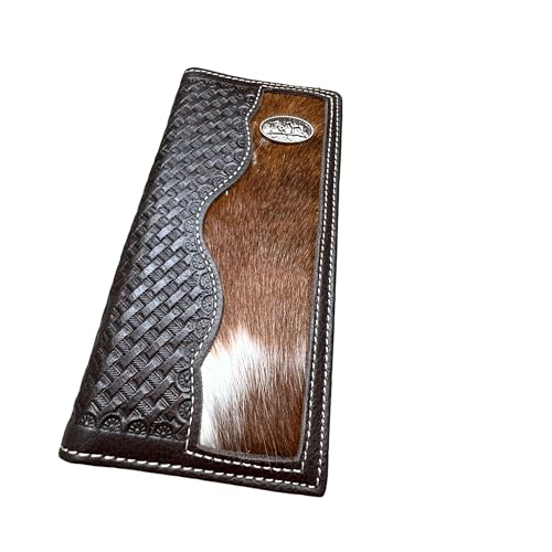 Men’s Long Leather Wallet – Hand Tooled Basketweave Bifold with Cowboy Praying Concho and Hair-On Cowhide – Rodeo Checkbook Wallet for Faith-Based Western Gifts