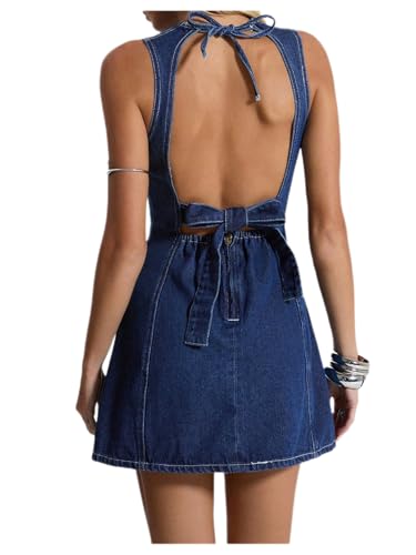 Floerns Womens Y2k Mini Denim Dress Bow Tie Open Back Sleeveless Going Out Tank Dresses Blue Large