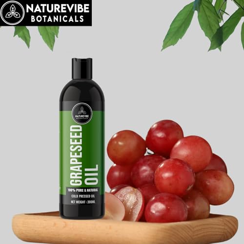 Image of Grapeseed Oil 200ml by Naturevibe Botanials 100% Pure Cold Pressed Grape seed for Skin, Hair & Face | Lightweight Body Massage | Non-Greasy Moisturizing Carrier Oil for Oily & Acne-Prone Skin