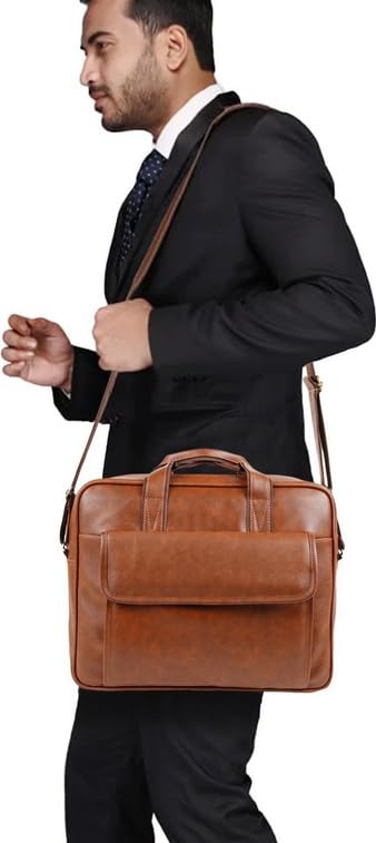 Image of PU Leather Laptop Briefcase Bag for Men, Adjustable Strap, Metal Zipper, Strong Joints