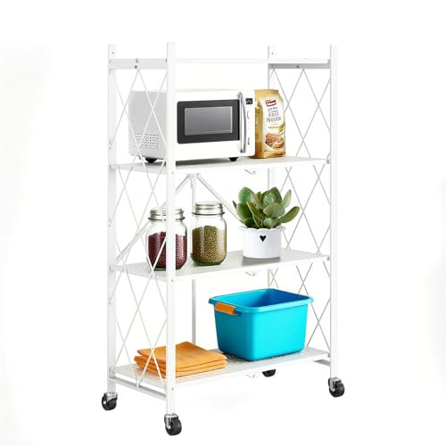 折りたたみスチールラック 収納ラック 棚 キャスター付きメタルラック キッチンラック 折り畳みラック 移動便利 防サビ加工(ホワイト,4段 幅71×奥行36×高さ125cm)