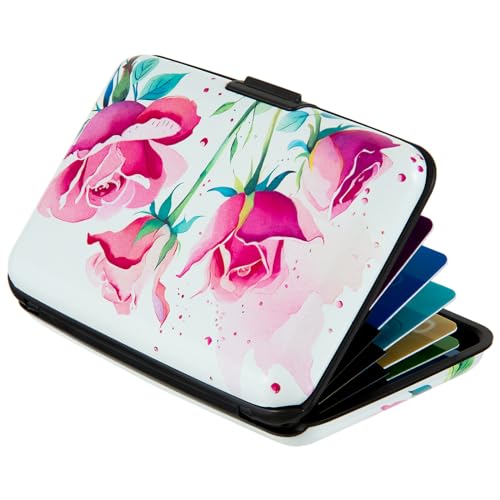 Image of Credit Card Holder Small RFID Blocking Wallet Business Metal Slim Mini Aluminum Hard Case for Women Men Gift, Watercolor Pink Roses, small, Minimalist, Compact, American