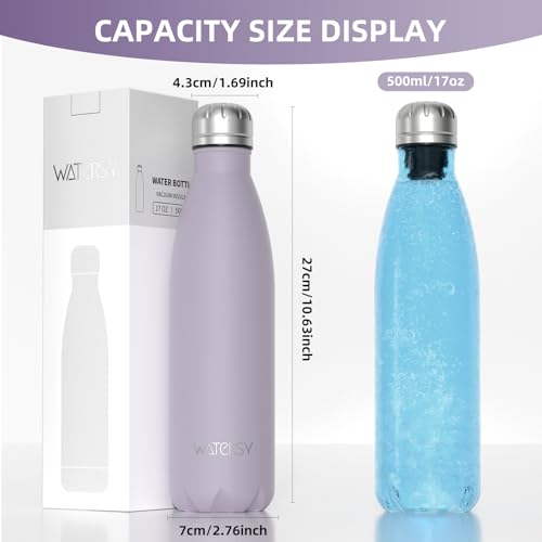 Image of WATERSY Stainless Steel water bottles,17oz /500ml Insulated Water Bottles,Purple metal water bottle Keeps Drink Cold and Hot,BPA Free kids water bottles for School,Gym,Travel,Sports