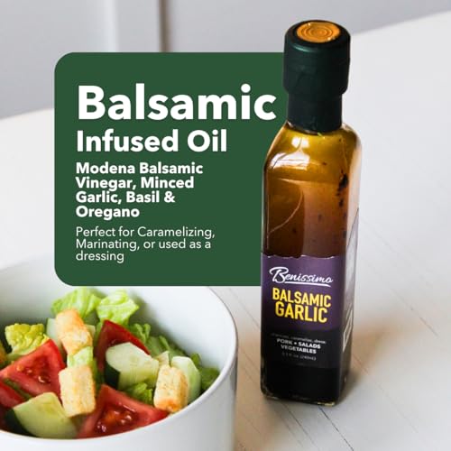 Benissimo Herb Infused Cooking Oil Chef Pack, All Natural Gourmet Set Featuring Italiano, Roasted Garlic, Mediterranean Garlic, and Balsamic Garlic Oil Blends, 4 Bottles, 8.1 fl oz Each