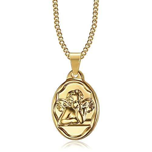 BOBIJOO Jewelry - Pendentif Médaille Ange Gardien Gabriel Baptême Naissance Enfant Bébé Acier Or Doré Plaqué Chaîne