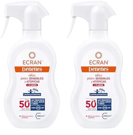 Ecran Denenes - Leche Protectora Solar SPF 50+ para Niños en Spray, Protección UVB, UVA e IR-A, Resistente al Agua, con Extracto de Algodón y Vitamina E, Apta para Pieles Sensibles y Atópicas - 270 ml