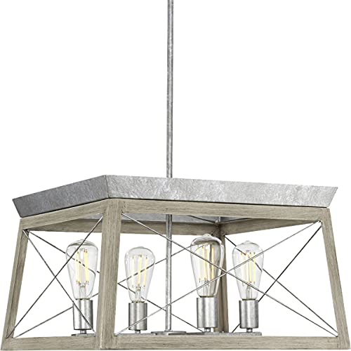 Image of Progress Lighting 4 Light Chandelier, Rustic Farmhouse Style Modern Hanging Light Fixture for Kitchen and Dining Room, Briarwood Collection, Galvanized