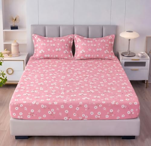 Image of VAS COLLECTIONS 240 TC Premium Double Bed Fitted Bedsheet, Soft Comfortable Stretchable Mattress Sheet with Elastic Fitted Corners, Durable Easy Care, 72 x 72 + 10 Inches (183x183+25 cm) - Rose Pink