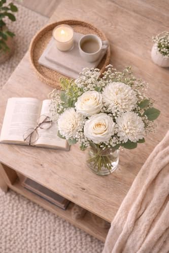 Image of Divyakosh Artificial White Flower Bouquet with Roses & Chrysanthemums, Pooja Room Decoration Items & Craft Interior Props (Vase Not Included)