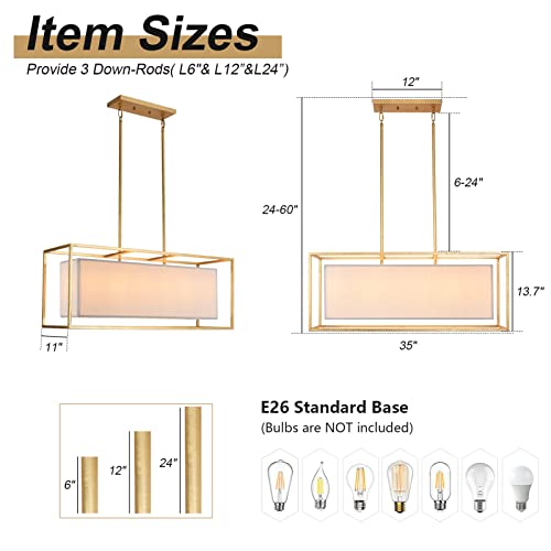 Vezzio Gold Dining Room Chandelier Modern Rectangle Fabric Chandelier Gold Dining Room Over Table Chandelier 6 Lights Gold Rectangular Dining Room Pendant Light for Kitchen Island
