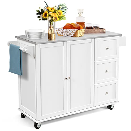 COSTWAY Kitchen Island cart on Wheels Mobile Serving Cart wStainless Steel Countertop 3 Drawers 2 Door Cabinet Adjustable Shelves Towel Holder Spice Rack Utility Trolley on Wheels White