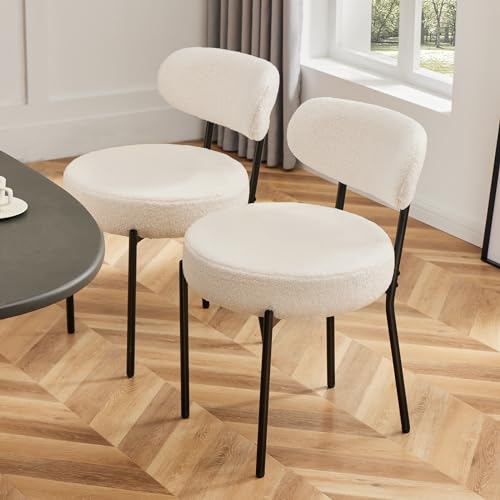 Sweetcrispy Dining Chairs Set of 2, Boucle Upholstered Modern Mid Century Round Kitchen Chairs with Curved Backrest & Metal Legs for Vanity, Living Room - Classic Beige