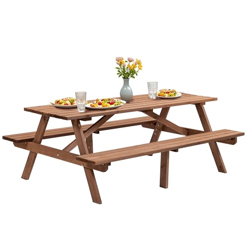 RocVanc Outdoor Wooden Picnic Table with Benches and Umbrella Hole,
