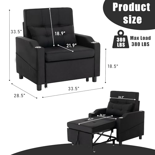 Image of Sleeper Chair,Single Armchair Sofa with Pillow,Adjustable Backrest Recliner Sofa Modern Pull Out Couch Bed with USB Port Cup Holder Side Pocket for Living Room Bedroom(Black)