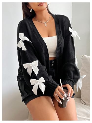 Verdusa Women's Plus Size Bow Knot Open Front Cardigan Long Sleeve Drop Shoulder Knitted Sweaters4