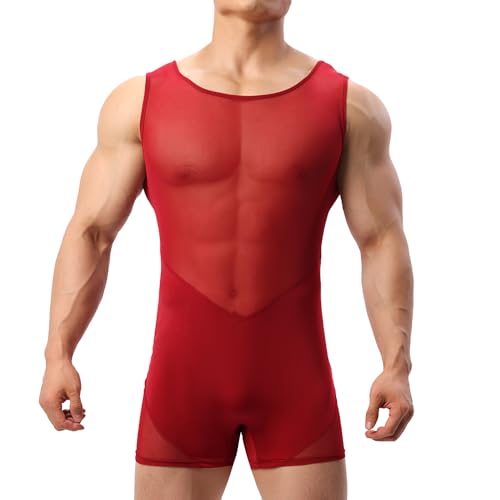 Men Mesh Bodysuits Boxers Patchwork Wrestling Singlet Shapewear Slip Sheer Slim Fits Active Jumpsuits Leotrad2