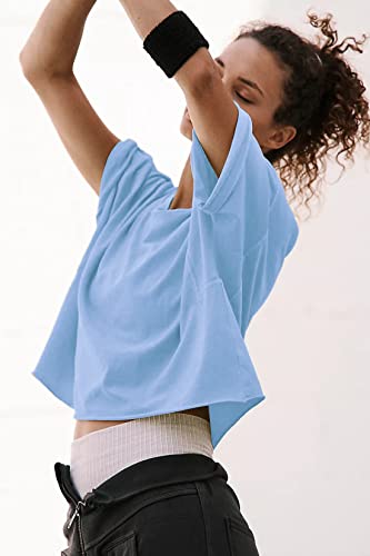 Image of HUGOOME Womens Oversized Workout Crop Top Casual Short Sleeve Boxy Roll Hem | Basic Half Split Sleeve Drop Shoulder Loose Yoga Running Gym Tee Cropped T-shirt Solid Trendy Relaxed Daily Tee
