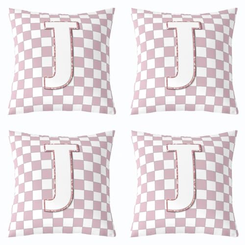 Image of Erosebridal Pink Initial J Throw Pillow Covers 22x22 Set of 2 Kawaii Plaid Checkered Cushion Cover Cute Personalized Monogram Throw Pillow Case for Bed Couch Sofa Fashion Grids Gingham Home Decor