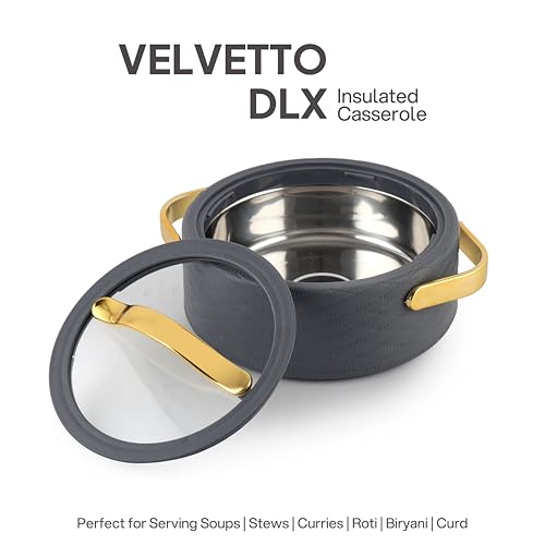 Image of CELLO Velvetto Deluxe 1500 Insulated Casserole Hot Box for Kitchen 1500 ml, Grey | Airtight See Through Lid Hot Pot Case Keeps Food Hot & Warm for Long Hours, Casserole Set for Roti, Rice & Biryani