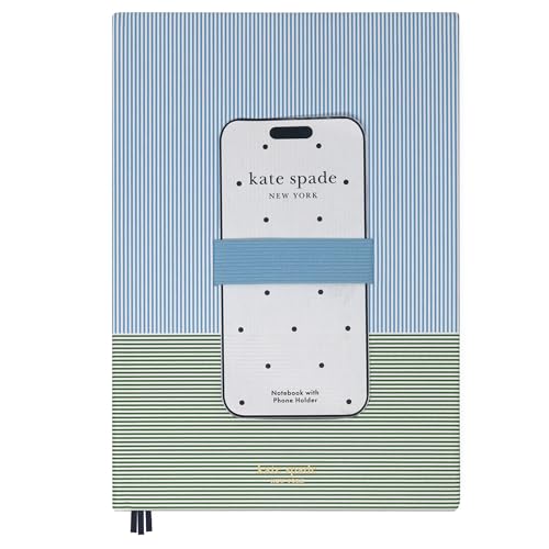 kate spade new york XL Notebook with Phone Holder, 10" x 7" Lined Journal with Leatherette Cover, 168 Pages, Gilded Edges, Ribbon Bookmark, Elastic Closure & Interior Pocket (Petite Stripe)