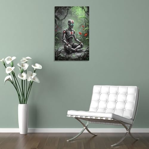 Robot en Méditation Jungle Illustration Rétro Toile Durable POLIUAWS