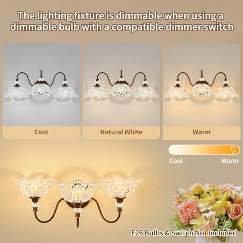 Image of Antique Red Bronze Finish Bathroom Vanity Light, 3-Light Vintage Vanity Light with Floral Clear Glass Shades, Retro Wall Mount Lighting for Bathroom, Dressing Table