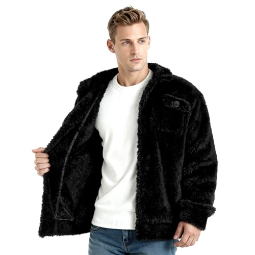 Image of GINGTTO Mens Furry Button-Up Jacket 4 Pockets Fluffy Coat For Men