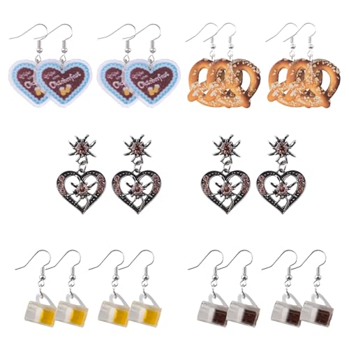 WANDIC 10 Paar Ohrringe für Oktoberfest Damen Set - 5 verschiedene Stile (Edelweiß, Bier Motiv) Trachtenschmuck & Traditionelle Trachten Accessoires Damen - Oktoberfest Ohrringe Deko & Bier Geschenk