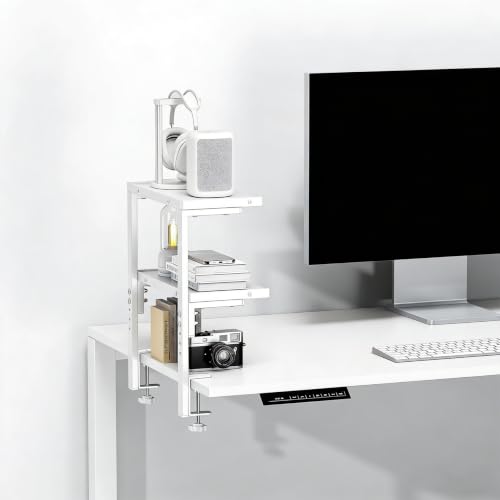 Image of 2-Tier Desk Shelf, Expandable Under Desk Storage, Clamp on Desk Shelf, Desktop Accessories for Offices, Study Rooms, and Game Rooms (White)
