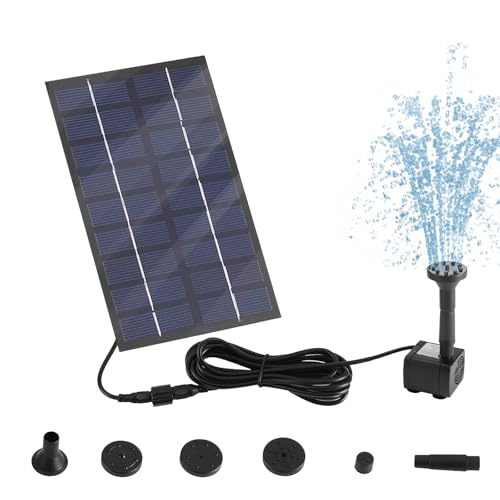 Pompe de Fontaine Solaire 9V/1,8W 200L/h, Pompe à Eau Solaire, Circulation de l'Eau de l'Oxygène, avec 5 Buses et 4 Styles de Fontaines, pour Bain D'oiseaux, Etangs,...