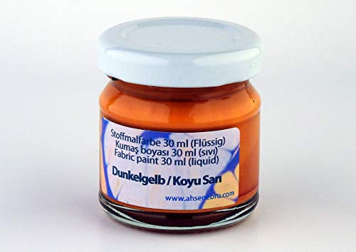 Textilfarbe | 14 Verschiedene Stofffarben | 30 ml Pro Flasche Flüssig| Stoffmalfarbe | Ideal zum Bemalen von Textil, Stoff, Leinwand, Holz, Kann als Marmorierung verwendet werden (Dunkelgelb) Cover