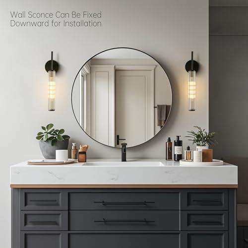 Black Wall Sconce 18.9in Grooved Patterned Glass Tube Bathroom Vanity Wall Lights, Modern Oxidized Black Brass Wall Sconces for Living Room, Bedroom, Dining Room, Hallway, Staircase and Mirror by fansimone - Used condition - Image 3