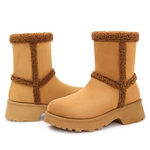 Womens Snow Boots with Zipper, Low Chunky Heel Mid-calf Slip On Boot Platform Riding Walking Outdoor Booties 6