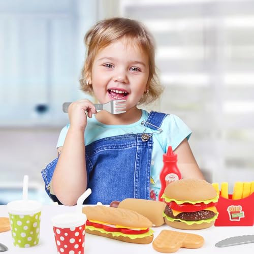 VEYLIN Kinderküche Zubehör Lebensmittel Spielzeug, Kinder Hamburger Küchenspielzeug Rollenspiele, Pädagogisches Lernspielzeug Geschenk für Mädchen Jungen