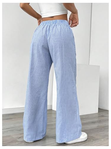 GORGLITTER Women's Striped Wide Leg Pants Drawstring Waist Lounge Pants Straight Leg Slant Pocket Trousers Blue Large2