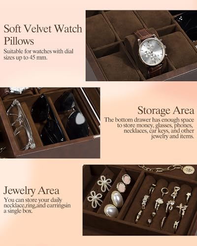GUKA Watch box, 6 Slot Watch Case, 3 Slot Sunglass Organizer, Watch Cases for men with Real Glass Lid, Watch Organizer storage with Jewelry Case, Birthday for Men and Women,