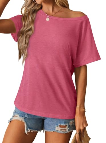Image of Hilinker Womens Sexy Off The Shoulder Tops Short Batwing Sleeve T Shirt Oversized Casual Tee Heather Pink Medium