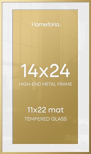 Image of Homeforia 14x24 Picture Frame Gold, High End Metal 14x24 Poster Frames with Mat 11x22 Photo, 14 x 24 Gold Frame Matted to 11 by 22 Print, 24by14 Thin Hanging Frames, Tempered Glass, Wall Kit, Set of 3