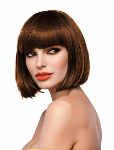 Image of LIULIUBTY Short Bob Hair Wigs Straight with Flat Bangs Synthetic Colorful Cosplay Daily Party Neon Wig for Women with Wig Cap 12 inch Natural As Real (Black-brown)