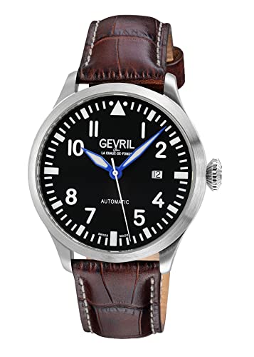 Gevril 43504-03 Men's Vaughan Swiss Automatic Watch, Genuine Italian Dark Brown/White Stitching Leather Strap