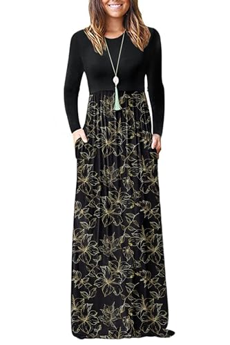 Image of AUSELILY Womens Long Sleeve Maxi Dress Casual Empire Waist with Pockets | Versatile year round long dress for spring, fall, winter, available in floral prints and solids