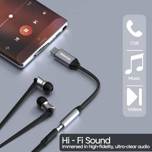 Sounce Type C to 3.5mm Portable Audio Aux Adapter, Connector, Built-in DAC, Braided Cable, Compatible with iPhone 16 Series /15 Series, Galaxy S25/S24 Ultra/S24 & Other Type C Phones