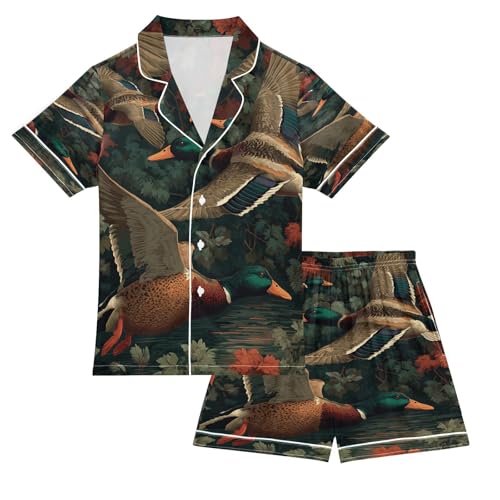 Satin Pajama Sets Short Sleeve Flying Ducks Fall Leaves Button Down Silky Nightwear 2 Piece PJS 5-14Y