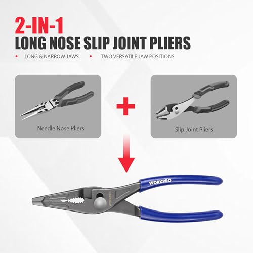 Image of WORKPRO 8-Inch Long Nose Slip Joint Pliers, CR-V Steel Needle Nose Pliers | Comfortable Grip Handles, 3-Zone Serrated Grip, Widened Jaw, Small Adjustable Pliers, for Clamping, Tightening and Loosening