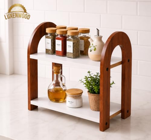 Image of 2 Tier Wooden Kitchen Counter Organizer Rack | Multipurpose Countertop Shelf for, OTG, Coffee Maker, Spice Jars & Kitchen Storage | Space Saving Stand | Brown & White | 12 x 10 Inch