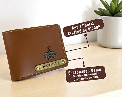 Image of B'Code Customised Original Leather Wallet for Men with Name, Personalized Purse Unique Stylish Gift for Brother, Husband, Boyfriend, Birthday, Rakshabandhan, New Year, Valentine's Day (TAN)
