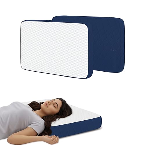 Image of Shredded Memory Foam Pillow, 50x30x6 cm High Density Core for Neck Pain Relief, Breathable White and Navy Blue Jacquard Cover, Orthopedic Bedding Support for Aligned Spine