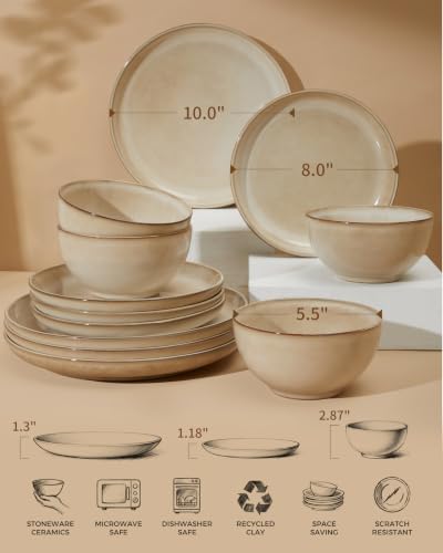 Image of Pokini 24 Piece Dinnerware Sets for 8, Modern Stoneware Plates and Bowls Setst, Perfect for Family Gatherings & Holiday Celebrations, Easy Cleaning Dishes Set, Stack Compactly Dishware, Mocha Beige