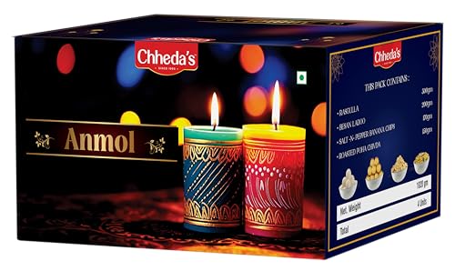 Image of Chheda's Anmol Festive Gift Box | Bhujia Sev, Salt and Peper Chips, Rasgulla & Besan Laddu | Premium Indian Sweets & Snacks Hamper | Ideal Gift for Diwali, Raksha Bandhan & Celebrations