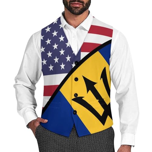 United States Barbados Flag Casual Suit Vest for Men Formal Business Dress Regular Fit Waistcoat Tuxedo